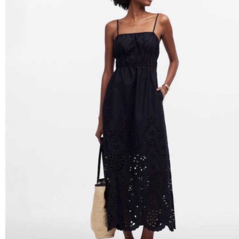 Madewell Embroidered Tank Midi Dress in Poplin True Black